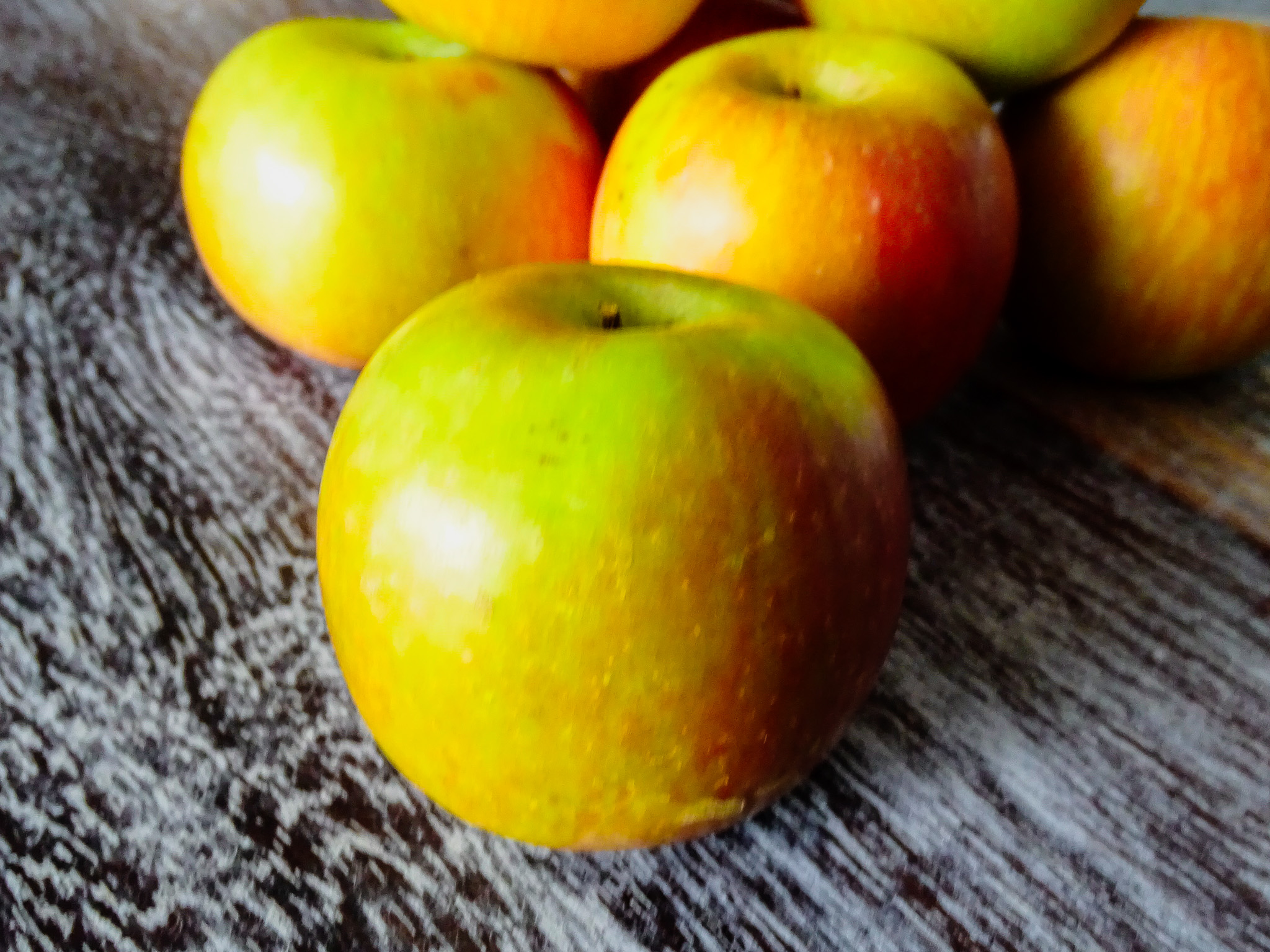golden apples on a wooden bench